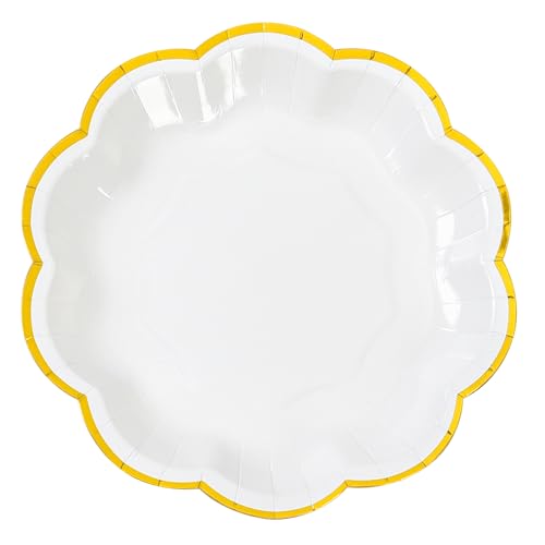 AimFun White Golden Party Plates Gold Foil Dessert Paper Plate 7inch Scalloped Edge Disposable Cake Plates for Tea Party Birthday Bridal Baby Shower Wedding Party Supplies (48, White) - color: White