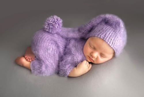 Newborn Baby Photography Props Outfits Cute Mohair Hat Romper Set Infant Baby Boy Girl Photoshoot Props Costume Set - color: Purple