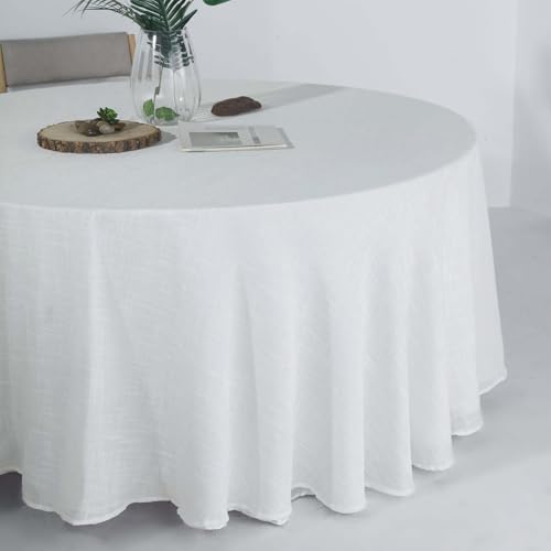 Efavormart 120" White Premium Faux Linen Round Tablecloth | Textured Wrinkle Free Tablecloth - color: White, size: 120" (Round)