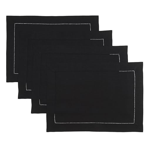 D'Moksha Homes Linen Placemats Set of 4 - Classic Hemstitch Black Placemats 14 x 19 Inch - 100% Pure Linen Table Mats for Spring - Handcrafted and Machine Washable - color: 04 - Black