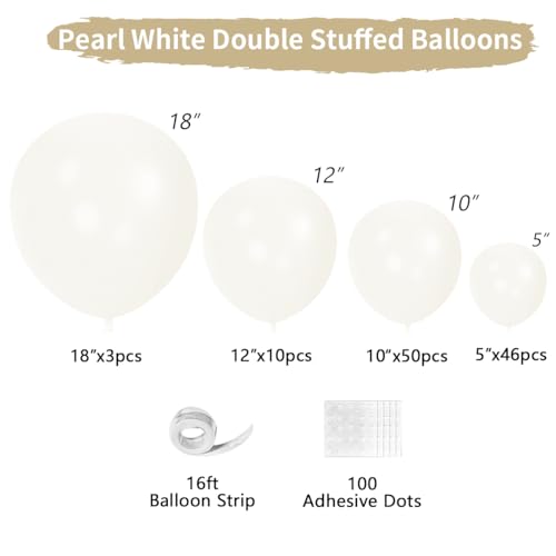 Double Stuffed White Balloons Different Size 115Pcs 5/10/12/18 Inch White Pearl Balloons Arch Garland Kit for Wedding Bridal Shower Birde to be Engagement Baby Shower Birthday Party - color: White