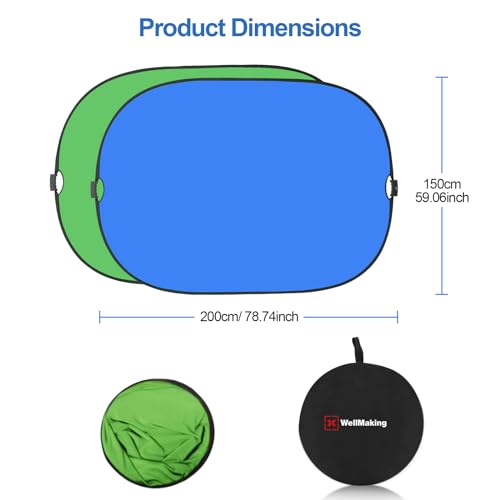 WELLMAKING 5x6.6ft Green Blue 2-in-1 Screen Backdrop for Photography, Pop Up Collapsible Photo Background with with Threaded Handle & tilt Adapter and Carry Case for YouTube Videos Studio Props - color: Green/Blue, size: 5 x 6.6 feet