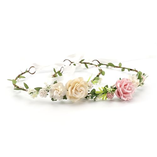 Flower Girl Flower Crown Pink Baby Girls Floral Headpieces Kids Headband Children Hair Wreath Photo Prop (ivory-Child Size) - color: Ivory