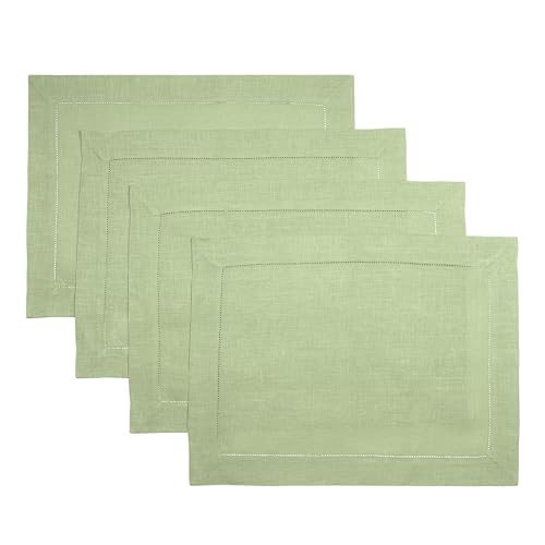 D'Moksha Homes Sage Green Linen Cloth Placemats Set of 4-100% Pure Linen Hemstitch Placemats 14 x 19 Inch - Classic Hemstitch Table Place Mats - Machine Washable - color: 16 - Sage Green