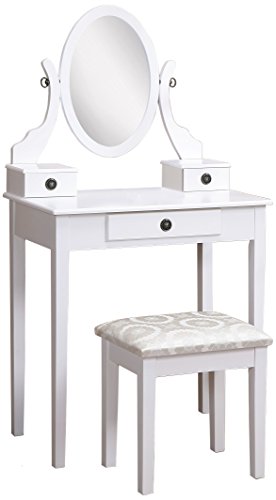 Roundhill Furniture Moniya White Wood Vanity Table and Stool Set (3415WH) Medium - color: White
