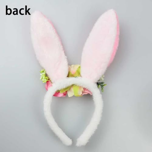 Bubbmi Easter Bunny Ear Headband with Flowers Crown Hairbands Festival Costume Hair Accessories for Women - color: Pinkear1