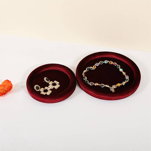 Velvet Jewelry Display Tray, Round Jewelry Organizer Plate, Empty Jewelry Showcase Tray for Necklaces, Bracelets, Rings, Earrings【Red-Medium, 7.9 x 7.9 in 】 - color: Red, size: 7.9 x 7.9 in
