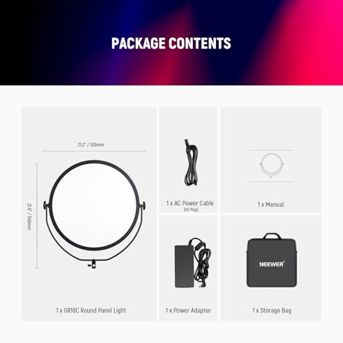 NEEWER 18" RGB LED Round Panel Video Light with APP Control, 65W 6000Lux/0.5m 2500K-8500K RGBCW Photography Studio Lighting /18 Scenes/V Battery Powered for Outdoor Filming Recording Streaming, GR18C - style: RGB