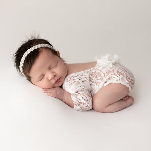 Newborn Lace Romper, 2 PCS Baby Girl Photography Props, Newborn Girl Photography Outfits with Flower Headband for Infants - color: White