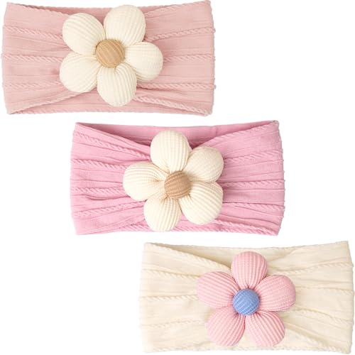 CÉLLOT 3 Pcs Baby Girl Headbands with Flower Nylon Headbands Soft Stretchy Headwear Hair Accessories for Newborn Infant Toddler Kids (Pink Beige Salmon) - color: Beige+Purple+Pink