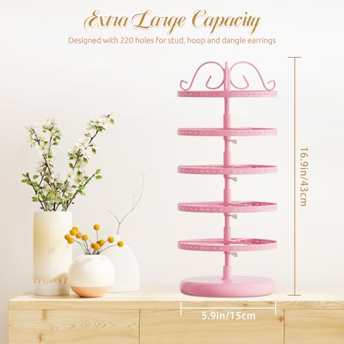 MODOWEY 5 Tiers Metal Rotating Earring Holder Organizer Stand Adjustable Display Tree, 220 Holes Large Carousel Rack for Stud Hoop Pierced Dangling Women, Ideal View for Earrings, Light pink - color: Pink, size: 5 Tier, 220 Holes