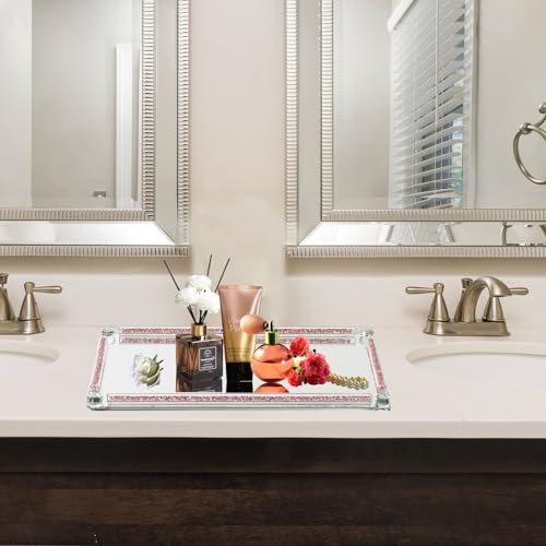 Crystal Mirror Tray, Crystal Glass Perfume Tray for Dresser Cosmetic Trinket Jewelry Vanity Trays for Display Crushed Diamond Home Decor Serving Trays for Bathroom Countertop Organizer (Rose Red) - color: Rose Red B