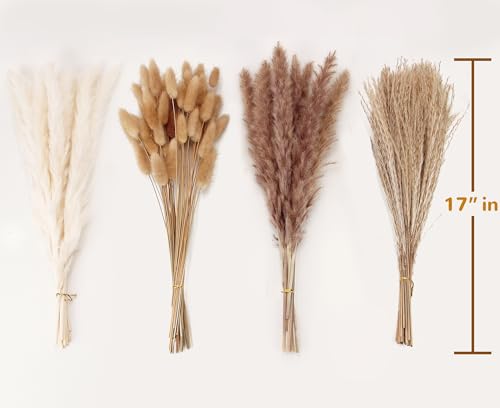 Dried Pampas Grass Decor, 100 Stems Pampas Grass Contains Bunny Tails Dried Flowers, Reed Grass Bouquet for Wedding Boho Flowers Home Table Decor, Rustic Farmhouse Party (17", White and Brown) - size: 100pcs