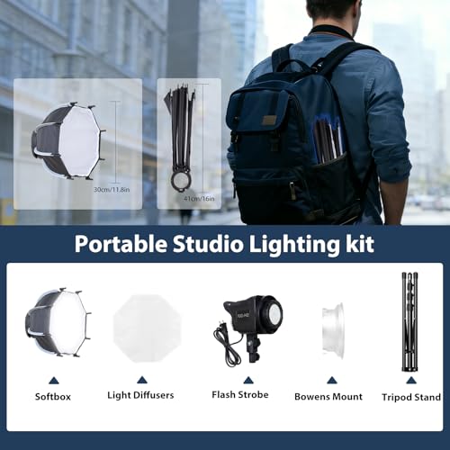 Softbox Photography Lighting Kit, 11.8"/30cm Quick Release Bowens Mount Softbox with 62.9'' Tripod Stand, 3000K–6500K Dimmable Video Light, Studio Lights for Photography, Portrait, Video Recording