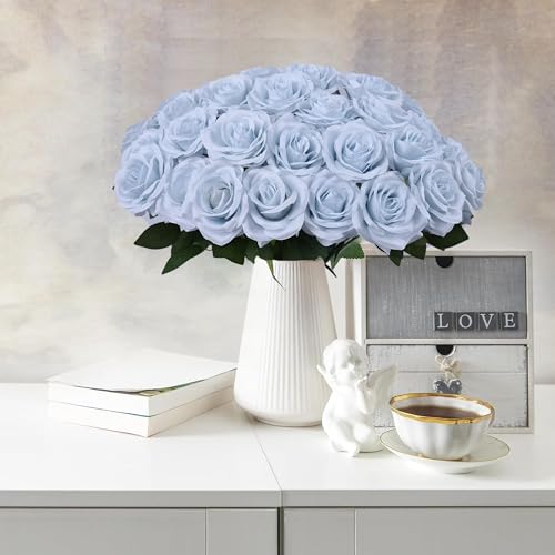 LVEFIT 30 pcs Artificial Rose Flower Light Blue Rose Flower with Long Stem Silk Roses Bouquet for Wedding Bridal Shower Party Home Decoration - color: Light Blue, size: 30pcs