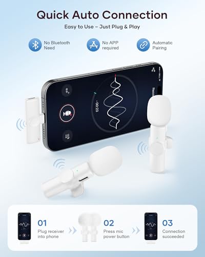 Wireless Microphone for iPhone iPad and Android Phone, 2 Pack Wireless Lavalier Lapel Mic with Noise Reduction, Plug and Play Mini Microphone for Video Recording Interview YouTube TikTok Vlog (White) - color: White, size: Without Case