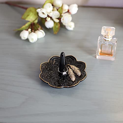 Ceramic Black Mandala Jewelry Holder Decorative Ring Holder/Trinket Tray Birthday Valentine Engagement Wedding Gifts for Women Her - color: Black