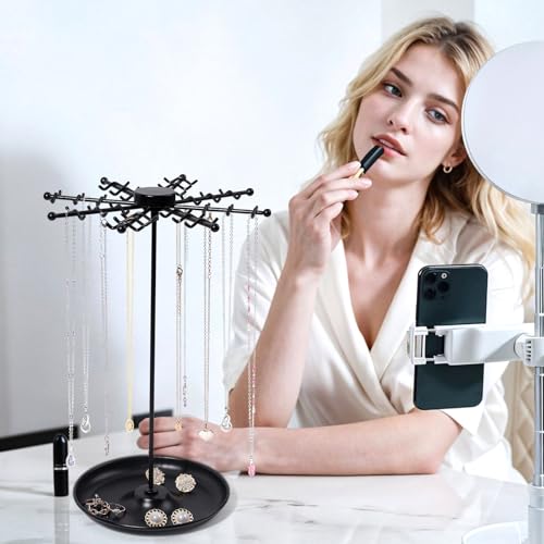 Rotating Necklace Holder Jewelry Stand, Gold Necklace Organizer Display with 48 W-shaped Hooks,Jewelry Organizer for Necklaces Earrings Rings Storage Tree, Presents for Women - color: black-1pcs