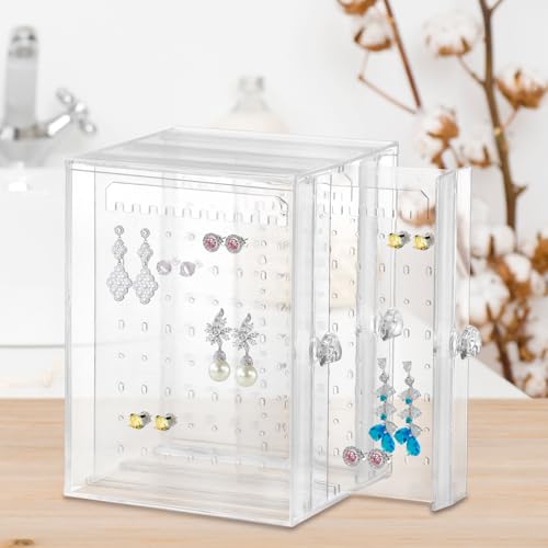 QWORK Clear Acrylic Jewelry Storage Box - Earring Display Stand Holder with 3 Vertical Slide-Out Drawers, 216 Earring Holes & 36 Necklace Grooves