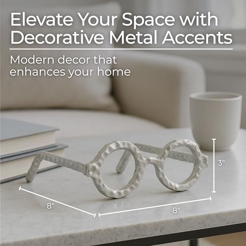Round Glasses Decorative Object – Aluminum Sculpture Modern Home Decor Ornament – Shelf Styling & Coffee Table Decor for Bathroom, Office & Living Room – 7"x3", Silver - color: Silver Round