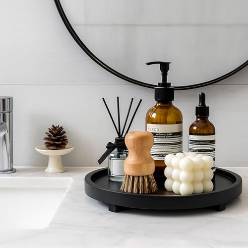 Large Decorative Wooden Tray for Kitchen Counter Bathroom Sink Vanity Trays Round Wood Riser Candle Pedestal Stand for Perfume Soap Tray Round Dining Coffee Table Modern Farmhouse Decor Tray - color: Black, size: 12 Inch