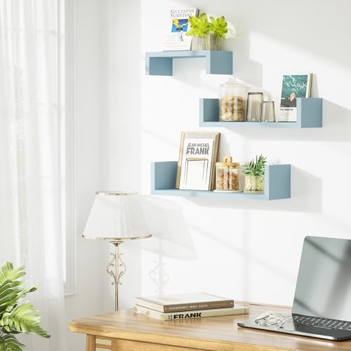 SRIWATANA Floating U Shelves Wall Mounted, Solid Wood Wall Shelves Set of 3 (Blue) - color: Blue
