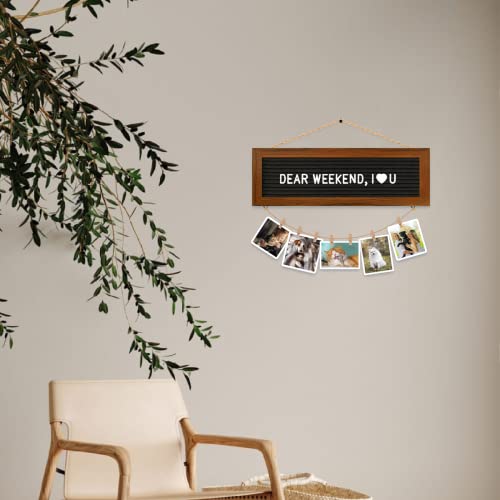 CJIAWYS Picture Frames Collage Photo Hanging Display, Felt Letter Board with 340 Letters and 15 Clips, Picture Board Rustic Frames for Wall Dorm Room Decor Christmas Holiday Birthday Party Present - color: Brown Frame and Black Felt (1 Hemp Ropes)