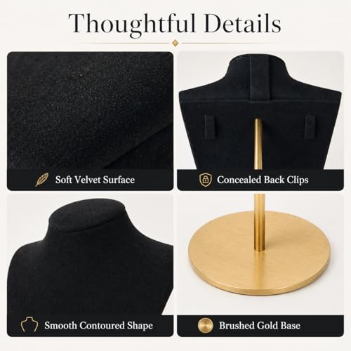 Necklace Display Stand For Selling Velvet Chain Jewelry Bust Holder Organizer With Stainless Steel Stand Jewelry Display - color: Black-9.84in