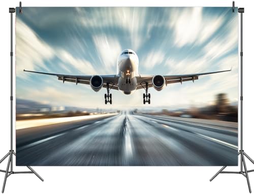 Airplane Backdrop, Air Plane Landing Takeoff Airport Runway Photography Background, Blurred Rosy Sunset Clouds Sky Scene Background for Holiday Travel Party Decorations Photo Shoot Studio Props 8X6ft - color: Multi3, size: 8X6ft