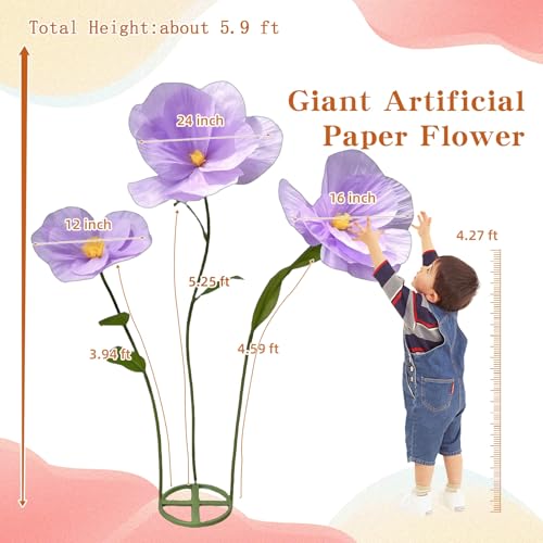 5.9 Ft Large Paper Artificial Flowers,Giant Flowers for Decoration,Standing Huge Handcrafted Poppy Flowers for Garden,Hotel,Office,Photography Props,Wedding,Art Gallery,Shop Window Display(Purple) - color: Purple