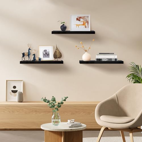 Upassion Floating Shelves for Wall Set of 3, 16" Black Wall Shelves for Home Decor, Frame Display Floating Shelf for Living Room, Bedroom, Bathroom, Kitchen - color: Black, size: 16 Inch