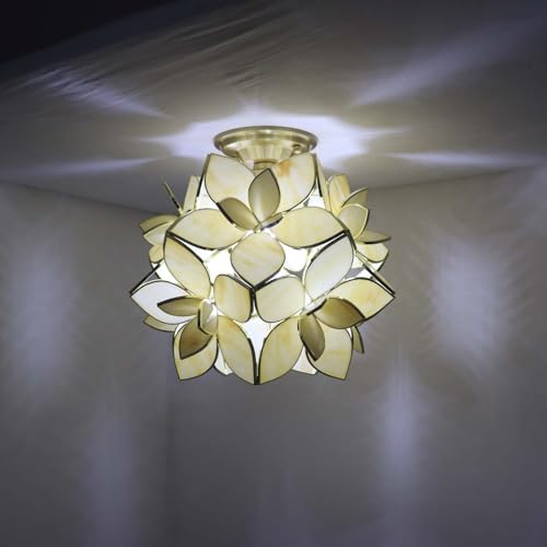 Bieye L11035 Flower Petals Tiffany Style Stained Glass Close to Ceiling Light for Home Decor (Cream White, 12" Rose Lily) - color: Cream White, size: 12" Rose Lily