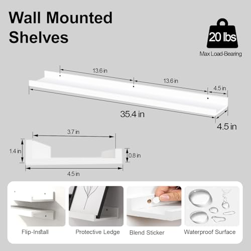 White Floating Shelves for Wall Decor, Long Wall Mounted Storage Shelf for Bedroom, Living Room, Bathroom, Kitchen, Nursery, Display Picture Ledge Shelf with Lip Set of 2-36 Inches, White - color: White, size: 35.4in