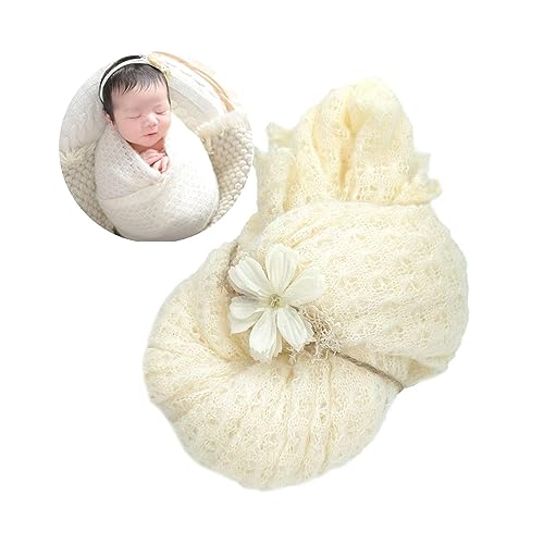 Honra 2Pcs Props for Newborn Photoshoot Mohair Wrap Headband Baby Photo Posing Photography Knit Textured Stretchy (Wrap only, Beige) - color: Beige, size: Wrap only