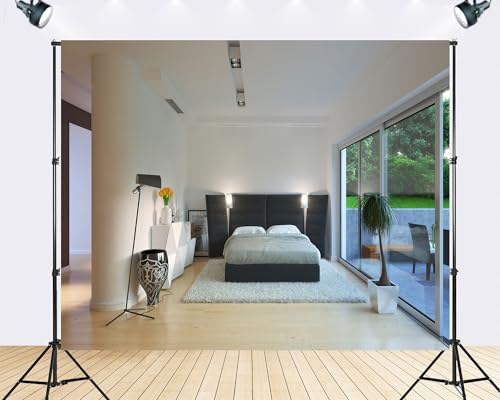 Trykid 8x8ft Modern Bedroom Backdrop Minimalist Decor Large Window Green Outdoor View Neutral Tone Photography Background Home Staging Party Decoration Tapestry Photo Booth Prop Fabric - size: 8x8ft
