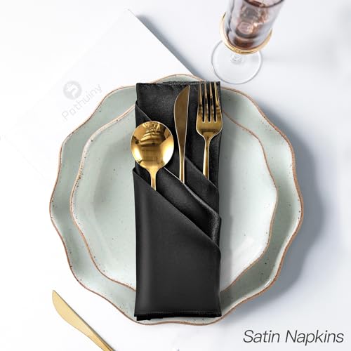 P Pothuiny 12 Pcs Black Satin Napkins 17 x 17 Inches, Square Smooth Wedding Dinner Napkins Silky Satin Cloth Napkins Table Napkins for Banquet Party Restaurant Decor, Thanksgiving, Christmas - color: Black