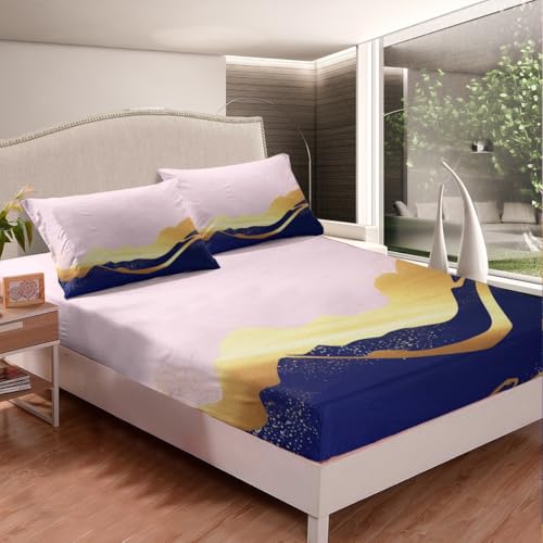 Feelyou Pink Navy Blue and Gold Bed Sheets Set Pink Gold Abstract Art Fitted Sheet Modern Marble Aesthetic Bedding Set for Boys Girls Abstract Art Bed Cover Twin Size with 1 Pillow Case - color: Multi 16, size: Twin