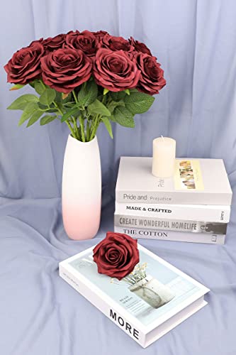 LVEFIT Artificial Rose Flower Burgundy Rose Flower Silk Flowers 12 pcs with Long Stem Silk Roses Bouquet for Wedding Bridal Shower Party Home Decoration - color: Burgundy, size: 12pcs