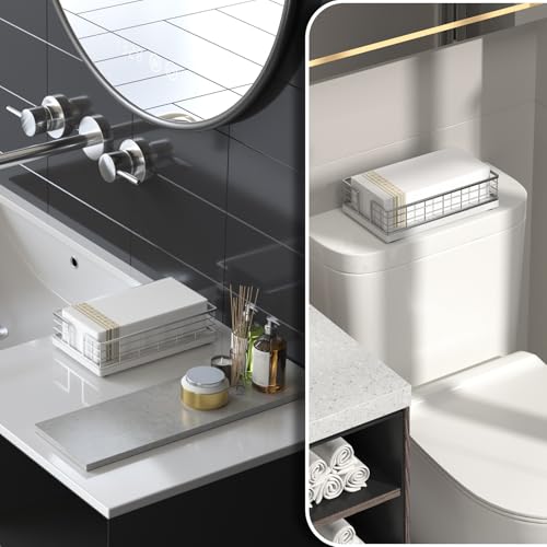 Wican Marble Guest Towel Holder Tray for Bathroom, Napkins Holder for Powder Room Dinning Table Wooden Basket for Disposable Paper Hand Towels Silvery and Marble White - color: Silver/Marble White, size: 9.06 x 5.51 x 2.56 inchs
