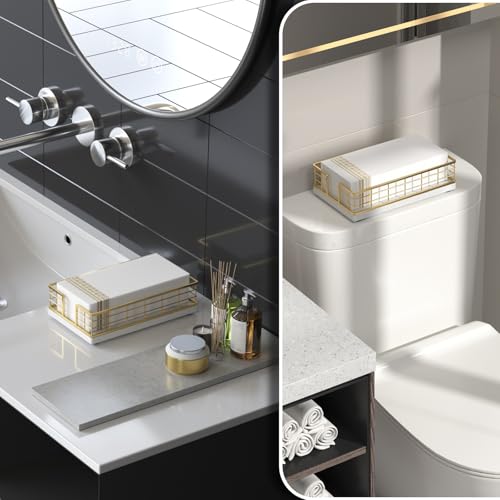 Wican Marble Guest Towel Holder Tray for Bathroom, Napkins Holder for Powder Room Dinning Table Wooden Basket for Disposable Paper Hand Towels Gold and Marble White - color: Gold/Marble White, size: 9.06 x 5.51 x 2.56 inchs