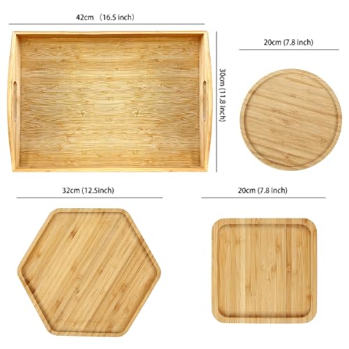 Bamboo Serving Tray Dinner Plates Cheese Board 16.5"x11.8"(42x30cm with Handle, Set Includes 1xHexagon 12.5"(32cm)+1xSquare 7.8"(20cm)+1xCircle 7.8"(20cm) - color: A-hexagon+square+circle