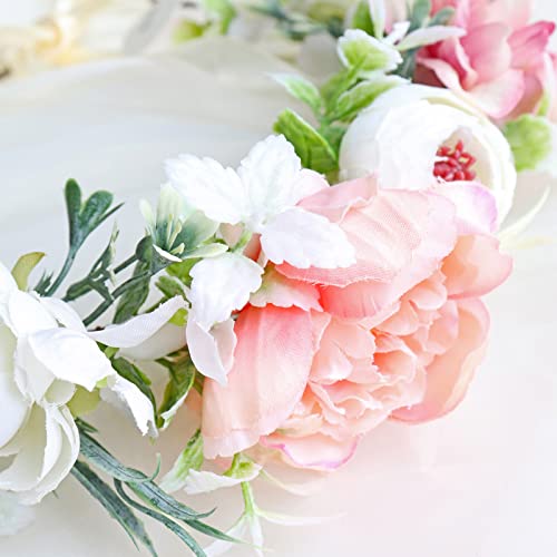 Women Flower Crown Bridal Floral Headband Flower Halo Floral Crown Wedding Party Cosplay Halloween Photos - color: beige and pink