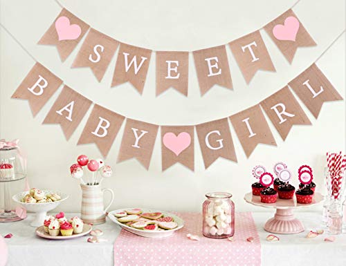 Sweet Baby Girl Burlap Banner - Sweet Baby Boy Shower Decorations, Rustic Baby Shower Decorations, Photo Decoration Props (Sweet Baby Girl Pink) - color: Sweet Baby Girl Pink