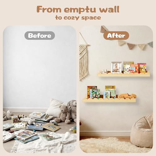 Nursery Floating Shelves for Kids Room, 2 Pack 23.6 Inch Natural Wood Wall Shelves with Scalloped Edge, Kids Bookshelves for Toddler Bedroom, Playroom, Baby Nursery Decor - color: Wood, size: 2pc-23.6in