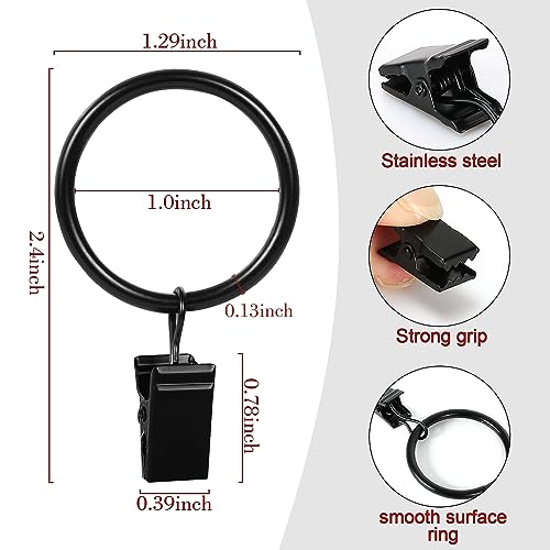 HOOSUN 46 Pack Curtain Hooks,Curtain Rings with Clips,Metal Drapery Hooks Clips with Rings,Curtain Rod Clips for Drapes,Black Curtain Ring Inside Diameter 1 inch,Fits Curtain Rod Up to 1 inch - color: Black