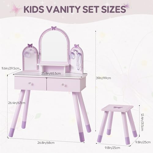 ROBUD Kids Vanity Table and Chair Set, Girls Vanity Set with Mirror, Pretend Play Kids Vanity, Makeup Dressing Table with Drawer and Accessories, Age 3+ (Purple) - color: Purple