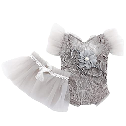 Newborn Photography Props Outfits Princess Baby Girl Pearl Lace Rompers Headdress Infant Baby Girl Photoshoot Costume - color: Gray