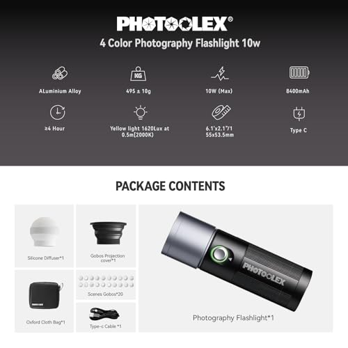 PHOTOOLEX 4 Colors Photography Flashlight with 20 Magnetic Pattern Gobos, 8400mAh Portable Spotlight, 10W LED Studio Light for Photo, Content Creation Accessories