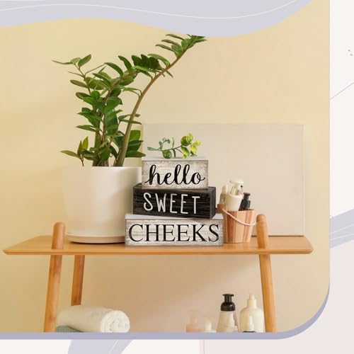 Moucuny 4 Pcs Bathroom Shelf Decor Hello Sweet Cheeks Sign Farmhouse Bathroom Decor and Accessories Rustic Eucalyptus Leaves Wood Block Sign Gift Sweet Home Table Centerpiece for Home Office - style: Eucalyptus Leaves