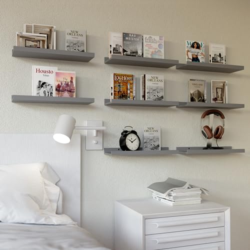 RICHER HOUSE 8 Set Floating Wall Mounted Shelves, Nursery Hanging Book Shelves with Lip for Storage, Gray Display Picture Ledge Shelf for Bedroom Bathroom Kitchen Living Room Wall Decor, Modern Grey - color: Grey, size: 8pcs*15.75in